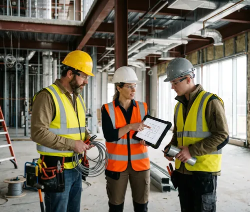 Electrician, project coordinator and site supervisor reviewing plans on a tablet inside a commercial building under construction
